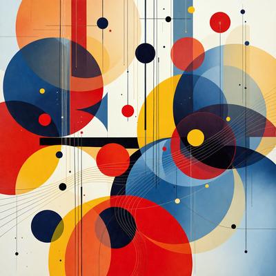 The primary subject of the image is a colorful, abstract painting featuring a variety of shapes and colors. The setting is a white wall, and the visual style is a combination of digital art and illustration. The dominant colors in the painting are red, blue, and yellow, creating a vibrant and lively atmosphere.